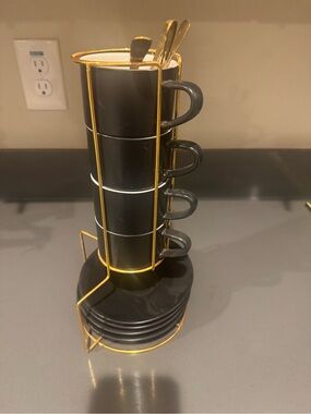 Black Espresso Cup Set with Gold Rack